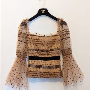 Self Portrait Shirred Polka Dot Top Blouse Nude